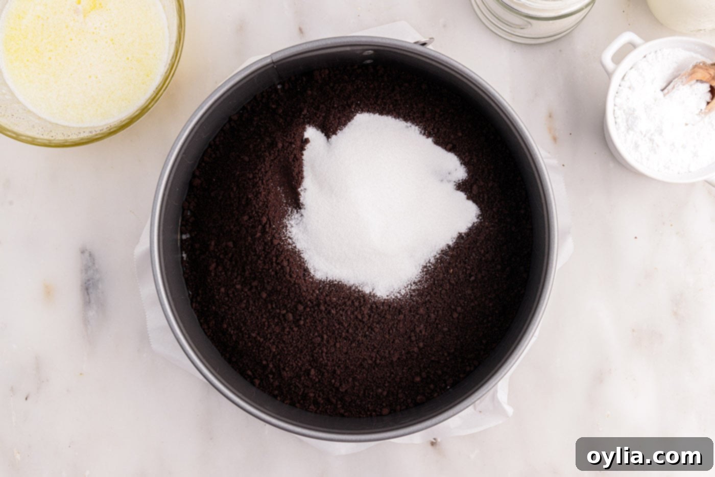 Chocolate graham cracker crumbs and granulated sugar perfectly mixed together in the bottom of a springform pan, creating a uniform base for the crust.