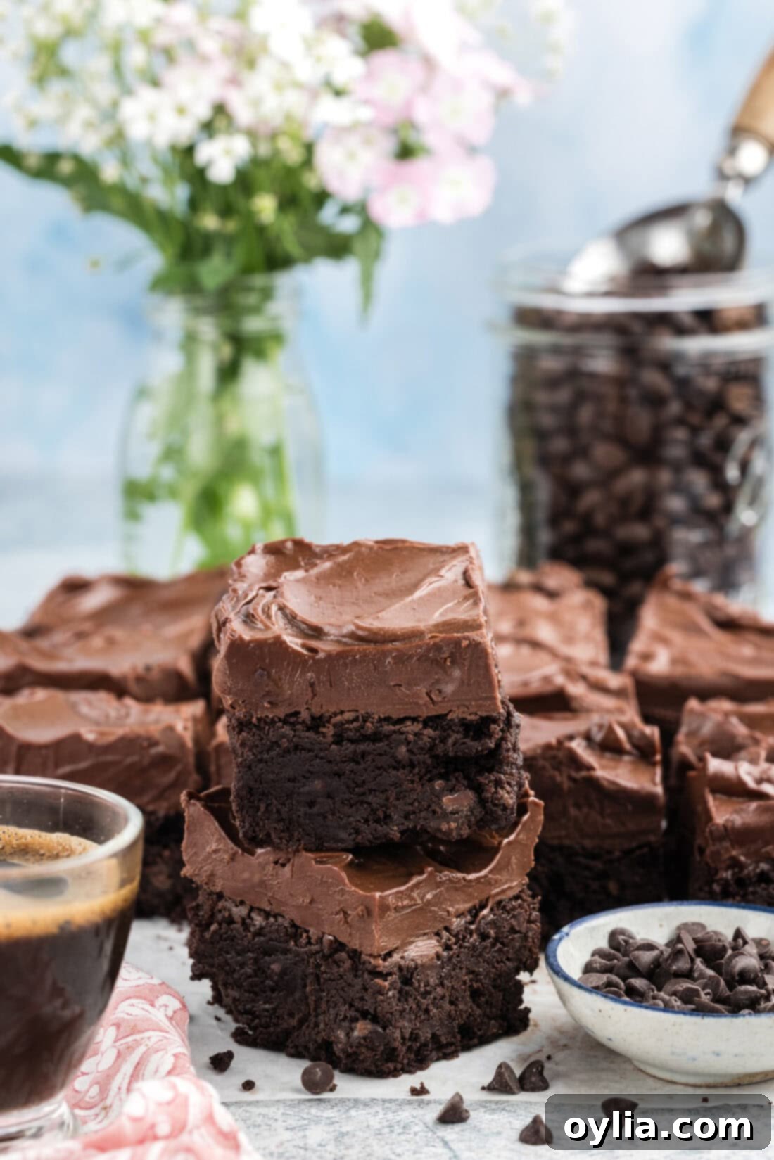 Stack of Fudge Frosted Espresso Brownies