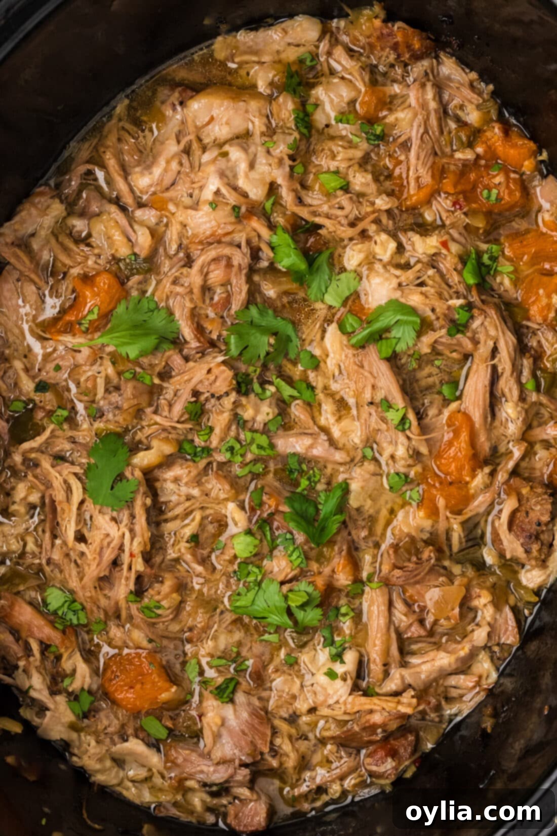 Close up photo of Carnitas in a crockpot