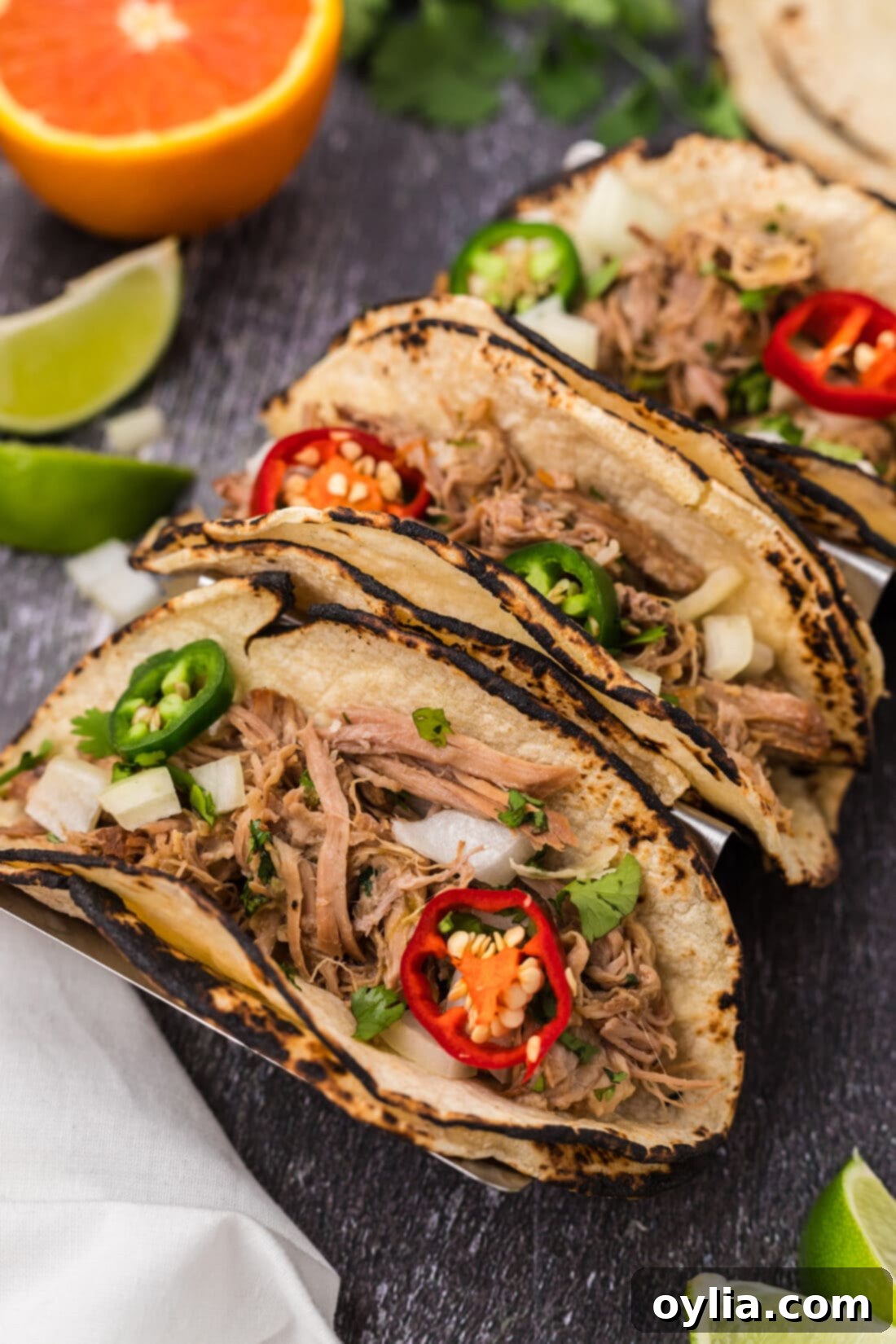 Close up photo of Carnitas in tortillas