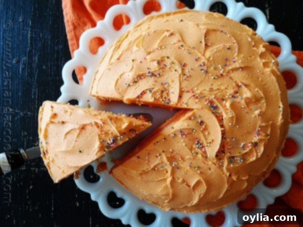 Top-down view of the vibrant orange poke cake, showcasing its bright, fluffy frosting and a sprinkle of orange zest.