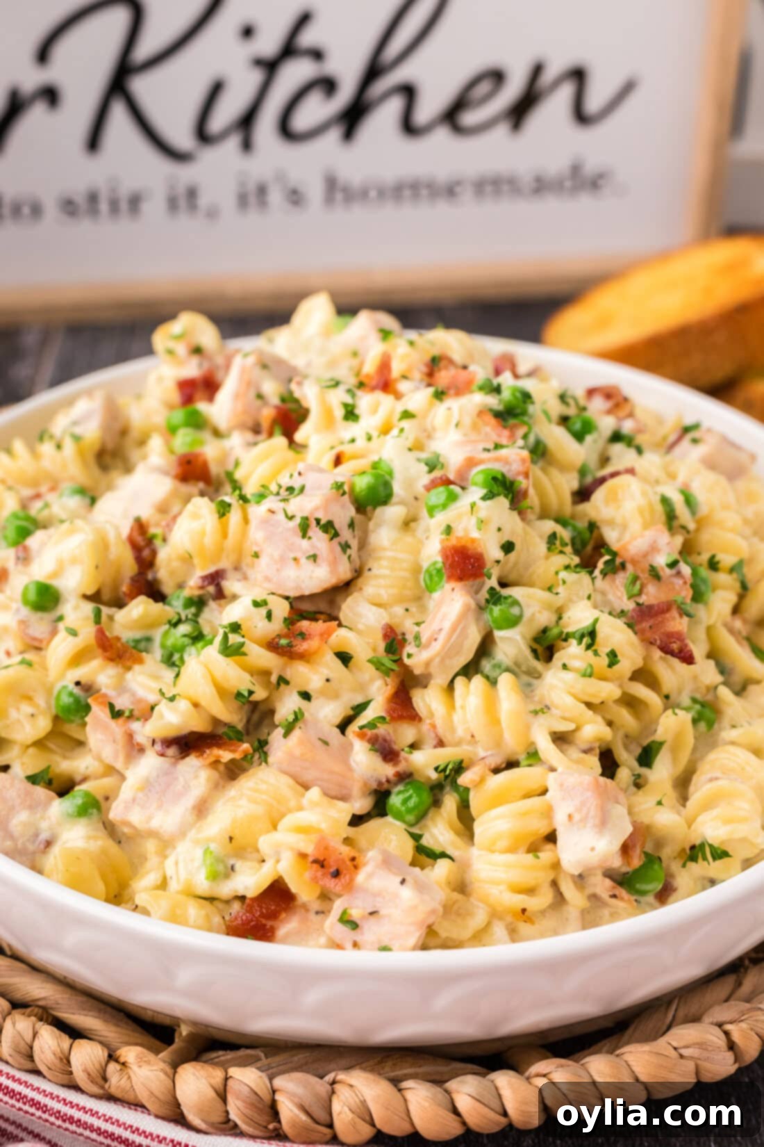 Side shot of a bowl of Turkey Carbonara