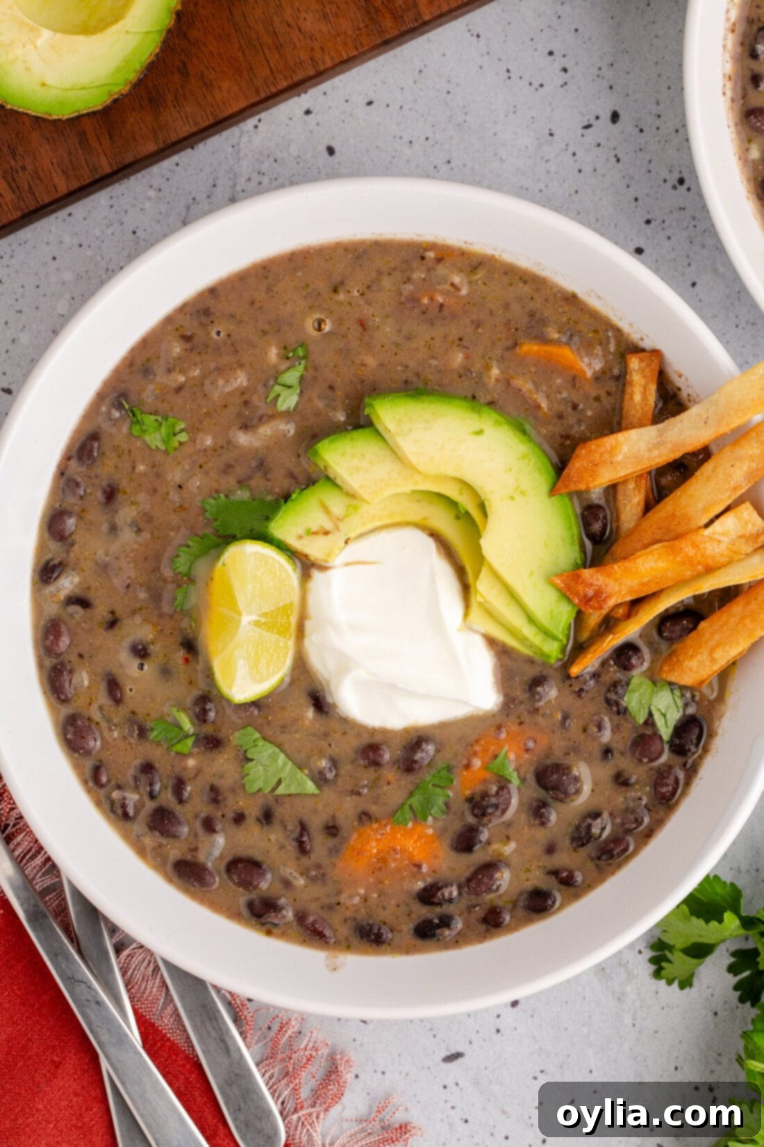 Bowl of Black Bean Soup topped with sour cream and avocado
