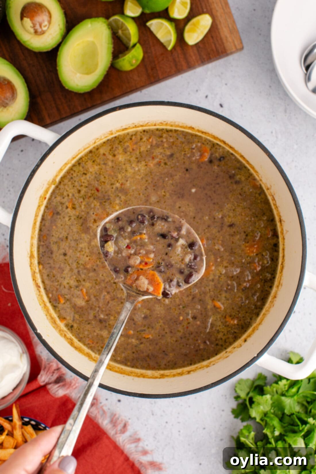 Ladle of Black Bean Soup held above a pot of Black Bean Soup, showcasing its rich texture and color.