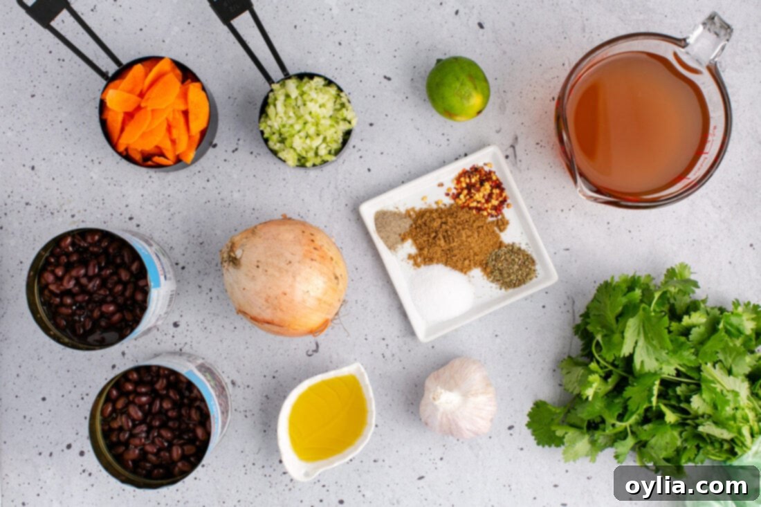 Ingredients for Easy Black Bean Soup including canned beans, vegetables, and spices, laid out on a table.