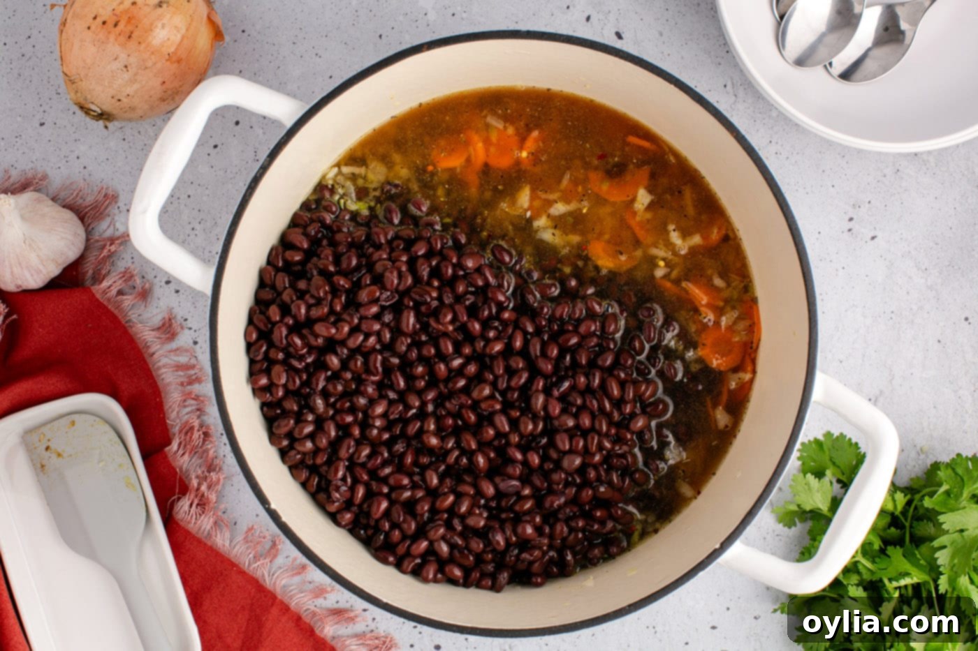 Canned black beans and vegetable broth added to the soup pot with carrots, onion, and celery, ready for simmering.