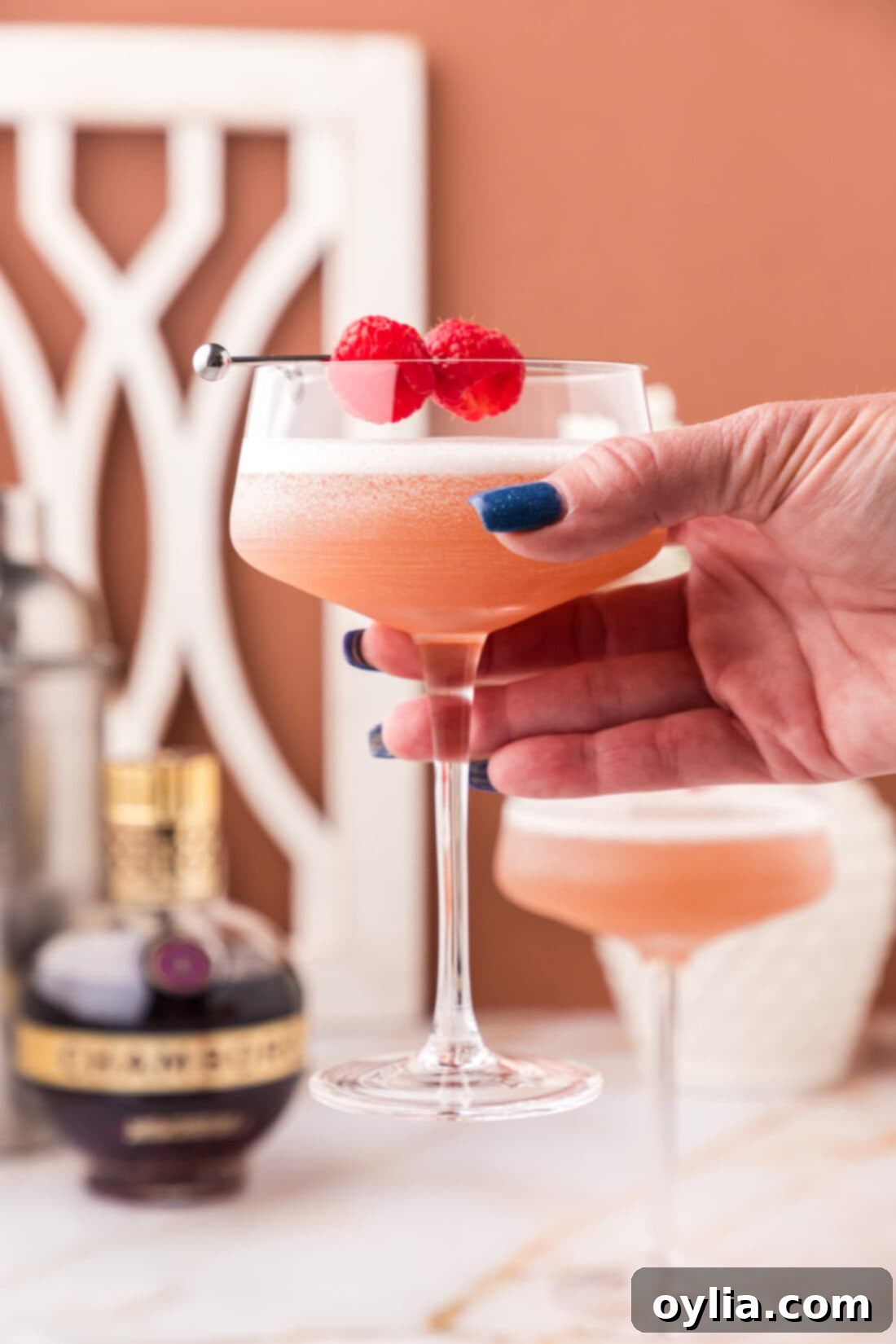 French Martini 3 Hand holding up a French Martini, showing its beautiful pink color and the frothy top, ready to be enjoyed.