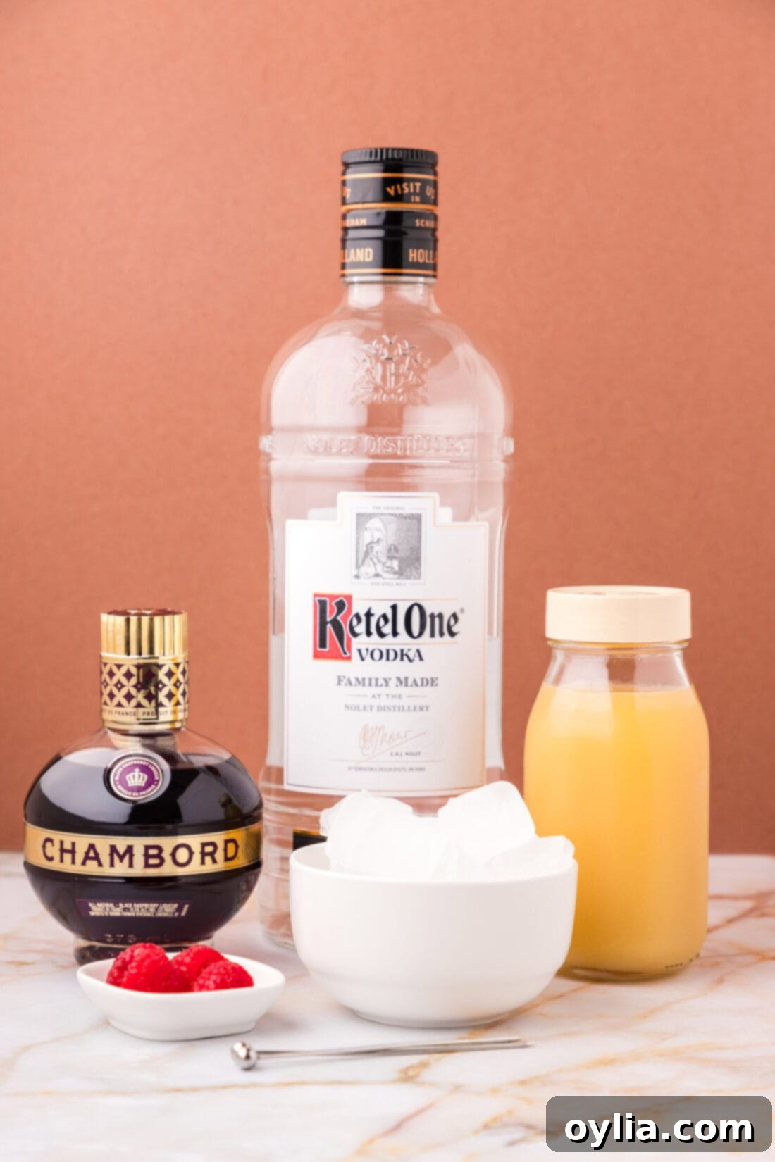 French Martini 4 A flat lay photo of the ingredients required for a French Martini: a bottle of vodka, a bottle of Chambord, and a carton of pineapple juice.