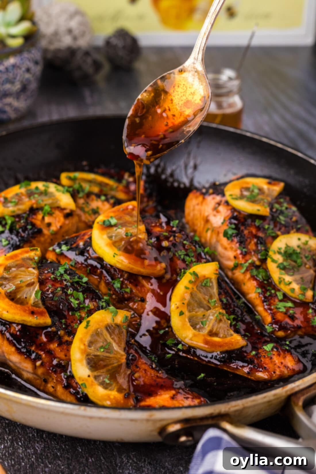 Honey Salmon sauce being drizzled over Honey Salmon