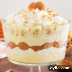Banana Dream Trifle 17 Photo of a Banana Trifle with layers visible, garnished with whipped cream and Nilla wafers
