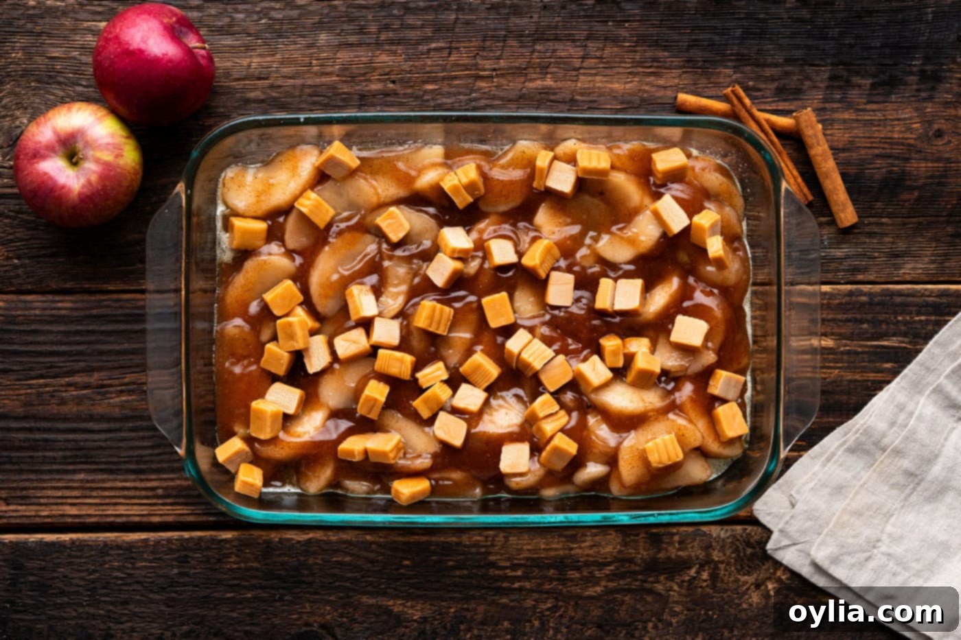 kraft caramels dotted on top of apple pie filling
