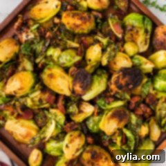 Close up photo of Brussels Sprouts with Bacon, Shallots and Candied Pecans