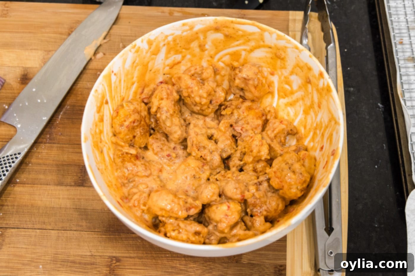 bang bang shrimp tossed in a bowl