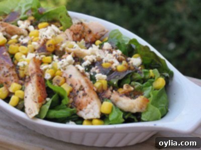 Sizzle & Savor: Top Grill Recipes 2 A close up photo of a grilled chicken salad with herbed tomato vinaigrette in a white dish.