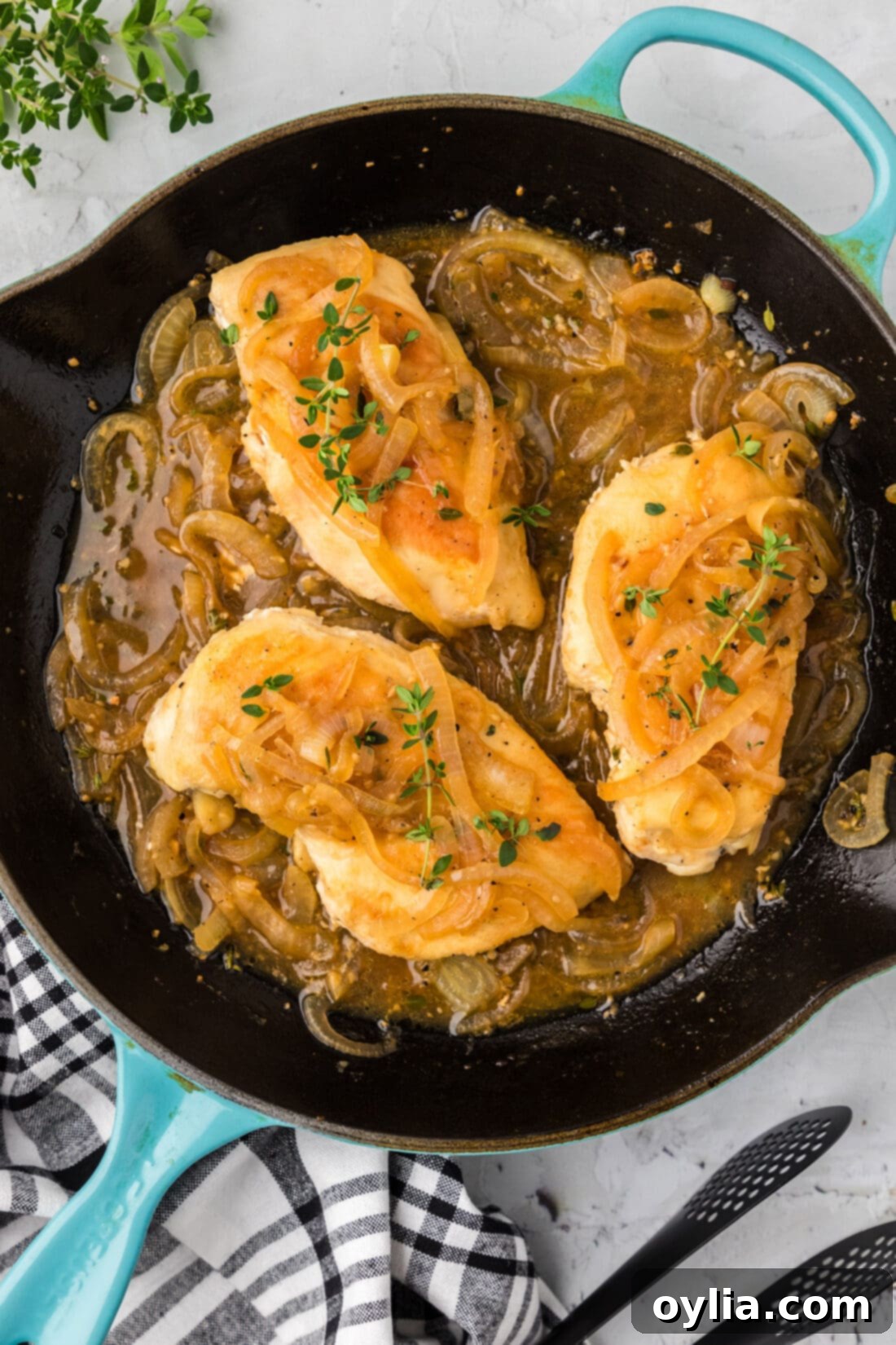 Skillet of Chicken with Onion Thyme Sauce