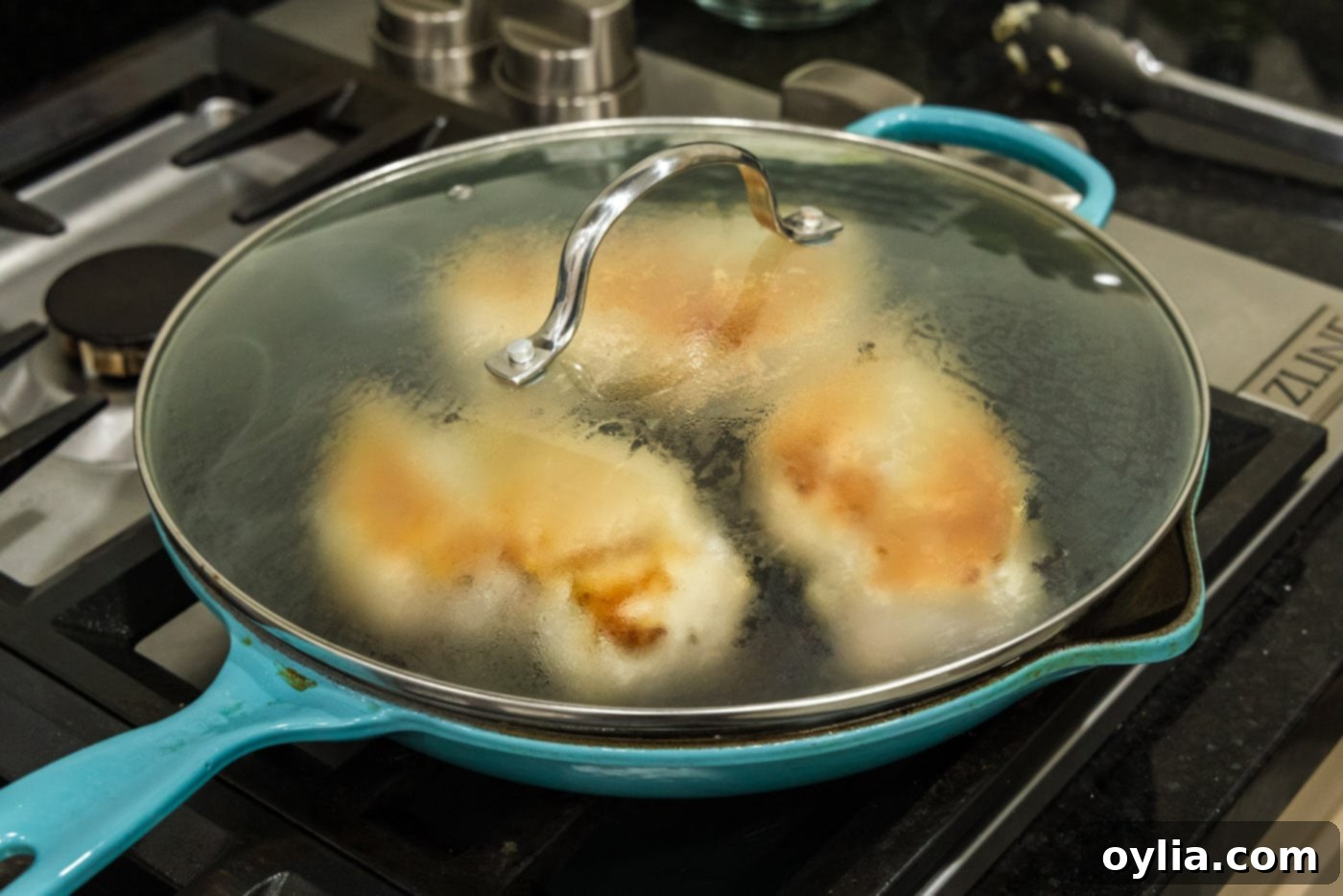 lid on skillet over chicken breasts
