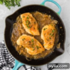 Chicken with Onion Thyme Sauce in a skillet