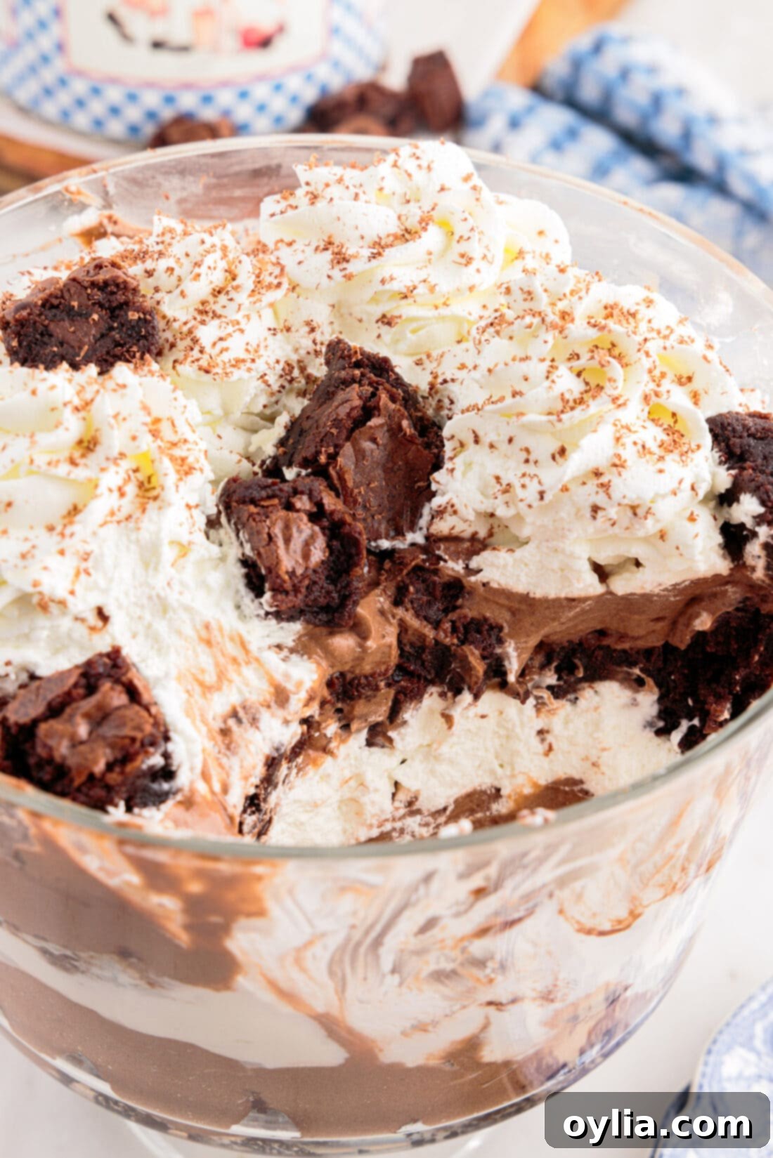 Close up photo of a Brownie Trifle with a serving removed