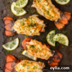 Overhead photo of Baked Lobster Tails on a baking sheet