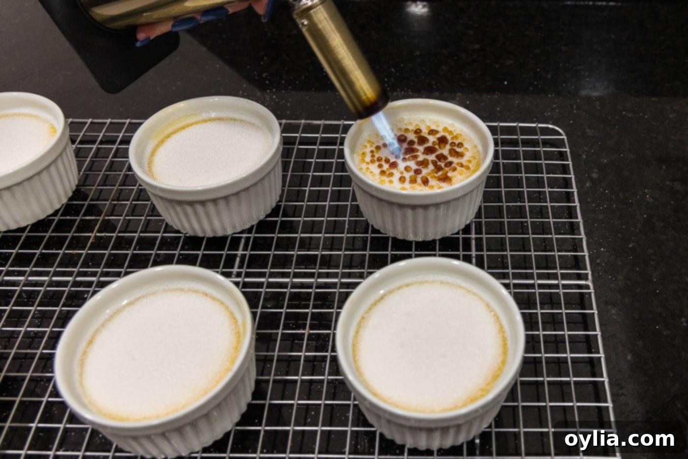 torching sugar over custard filing