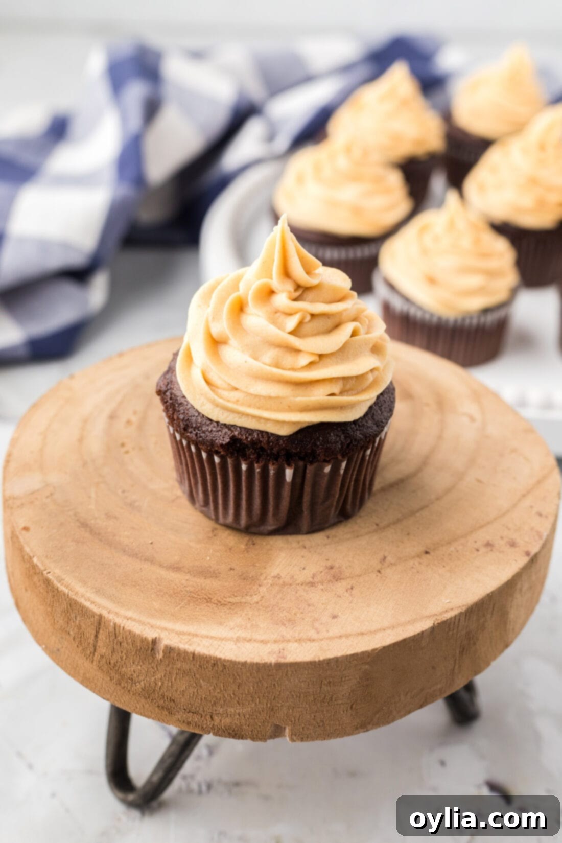 Close up photo of a cupcake topped with Peanut Butter Frosting