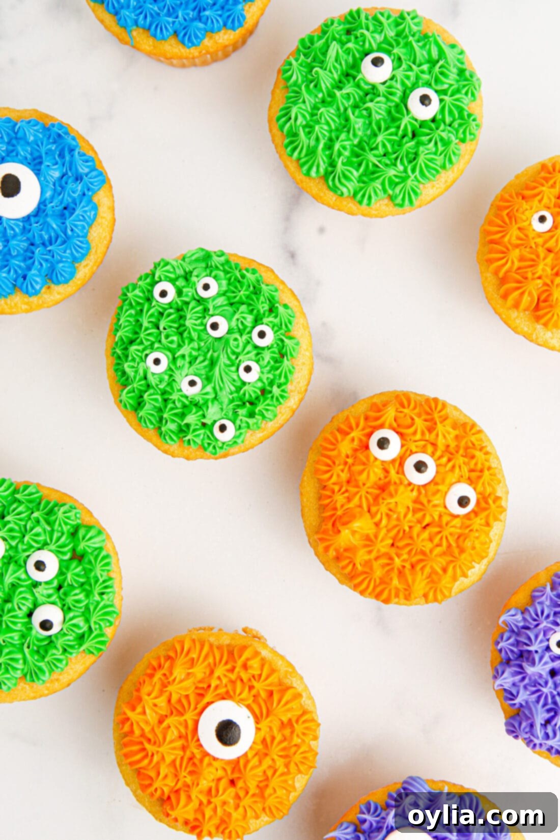 Overhead photo of Monster Cupcakes arranged artistically, showing off various colors and candy eyes.