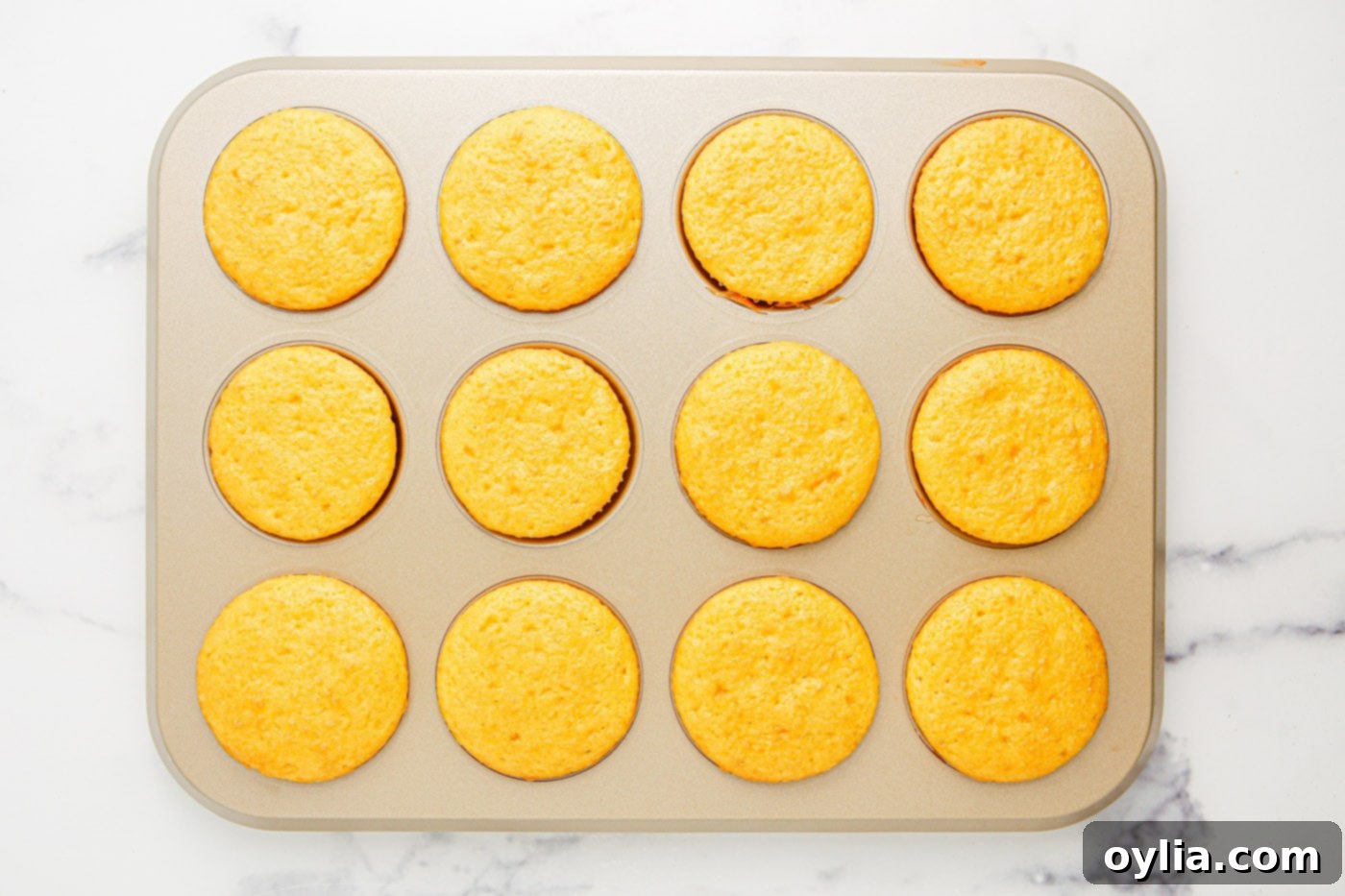 Freshly baked vanilla cupcakes ready for frosting.