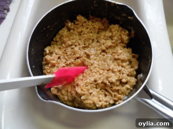 A photo of sugar, corn syrup, peanut butter, rice cereal, and corn cereal being mixed in a saucepan on the stove.