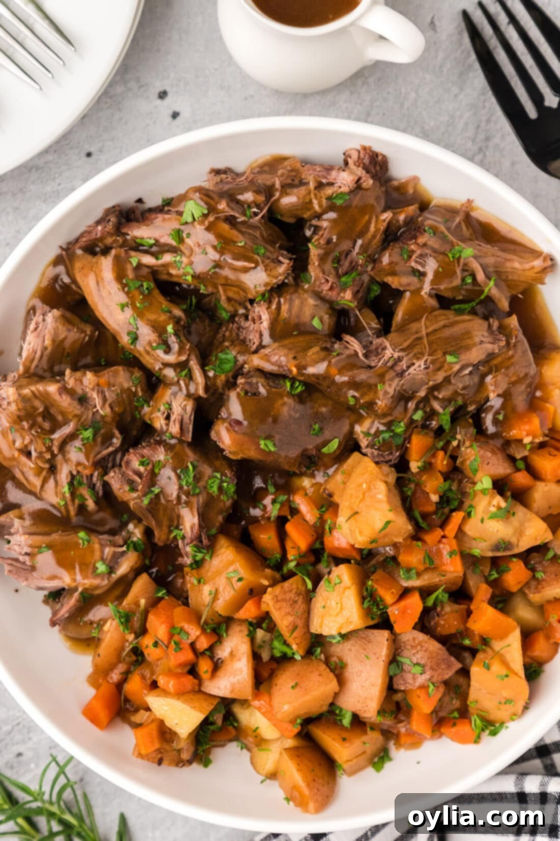 Bowl of Instant Pot Roast Beef with potatoes and carrots, generously topped with gravy, ready to be enjoyed as a comforting meal.