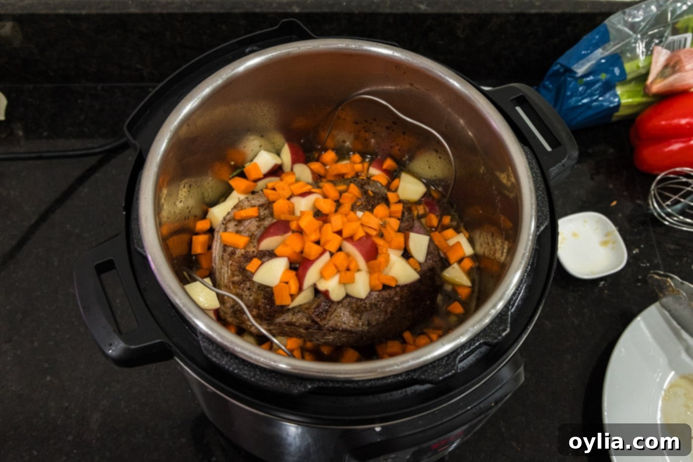 Carrots and potatoes, along with the seared roast beef, are carefully placed on a rack inside the Instant Pot, positioned above the liquid base, ready for pressure cooking.