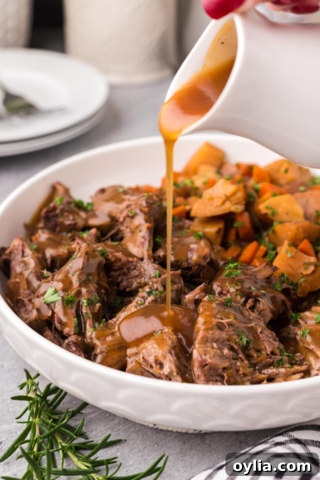 Rich homemade gravy being poured generously over a bowl of Instant Pot Roast Beef, accompanied by tender potatoes and carrots, creating a mouthwatering presentation.