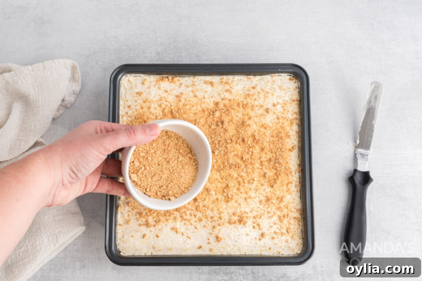 The remaining graham cracker crumbs being sprinkled evenly over the top whipped cream layer of the dessert.