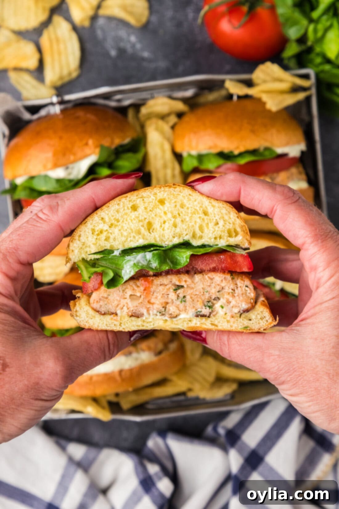 Delicious Salmon Burgers 3 Hands holding up a half of a Salmon Burger, showcasing its moist and flavorful interior
