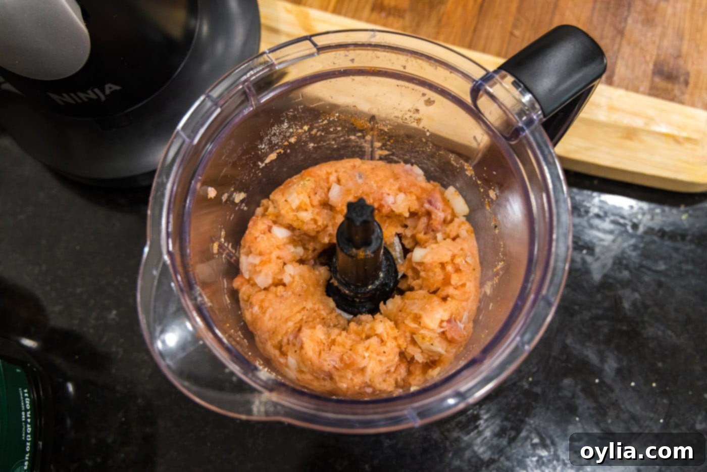 Finely ground salmon and seasonings in a food processor bowl