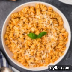 Overhead photo of a bowl of pasta covered in Vodka Sauce