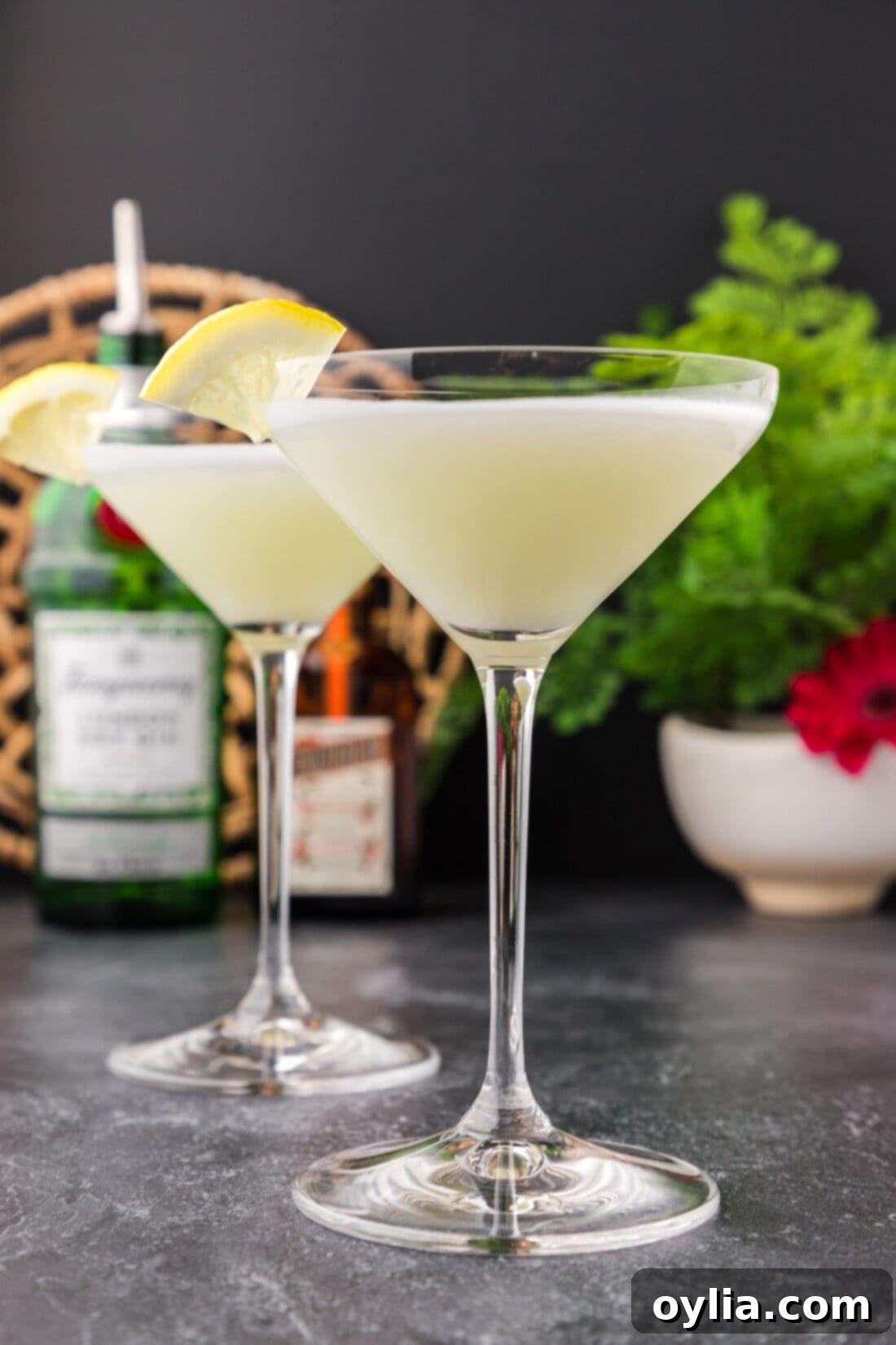 Two White Lady Cocktails garnished with lemon wedges, showcasing the frothy top