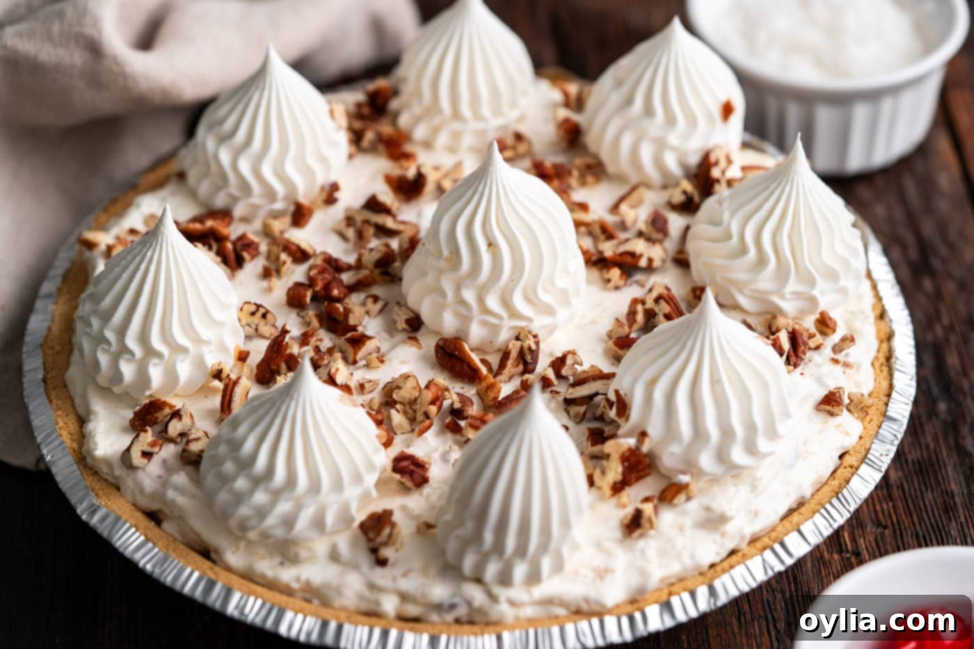 Piped Cool Whip rosettes beautifully decorating the top of a chilled Million Dollar Pie.