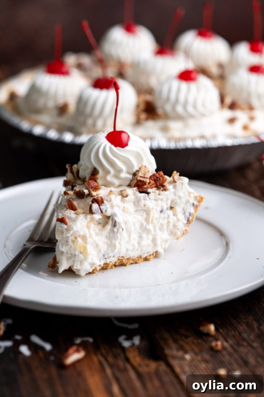 A delectable slice of No-Bake Million Dollar Pie on a white plate, showcasing its fluffy filling and graham cracker crust.