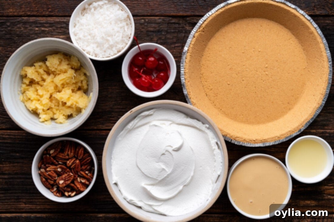 All the fresh and convenient ingredients for making a Million Dollar Pie displayed neatly.
