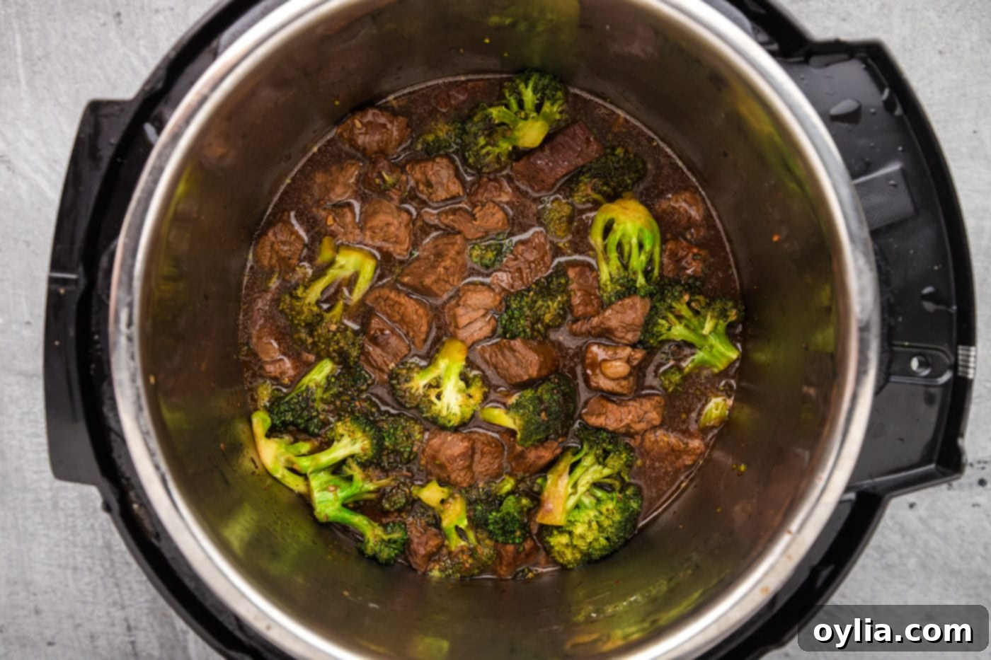 The finished Instant Pot Beef and Broccoli, perfectly cooked and ready to serve directly from the pot.