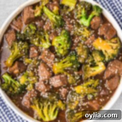 Close up photo of a bowl of Instant Pot Beef and Broccoli, showcasing the tender beef and vibrant broccoli covered in a glossy sauce.