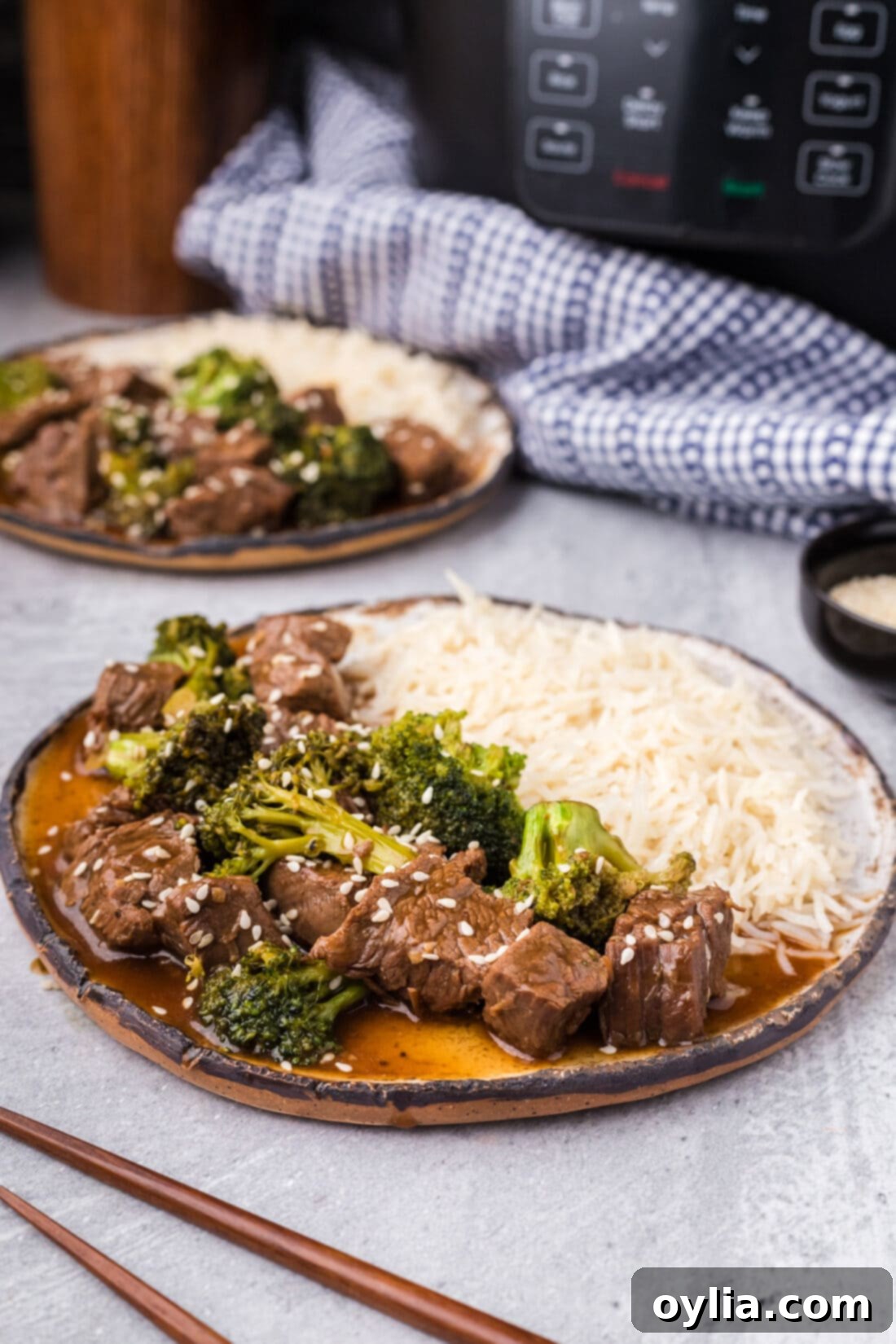 A plate of Instant Pot Beef and Broccoli served alongside fluffy white rice, ready to be enjoyed as a complete meal.