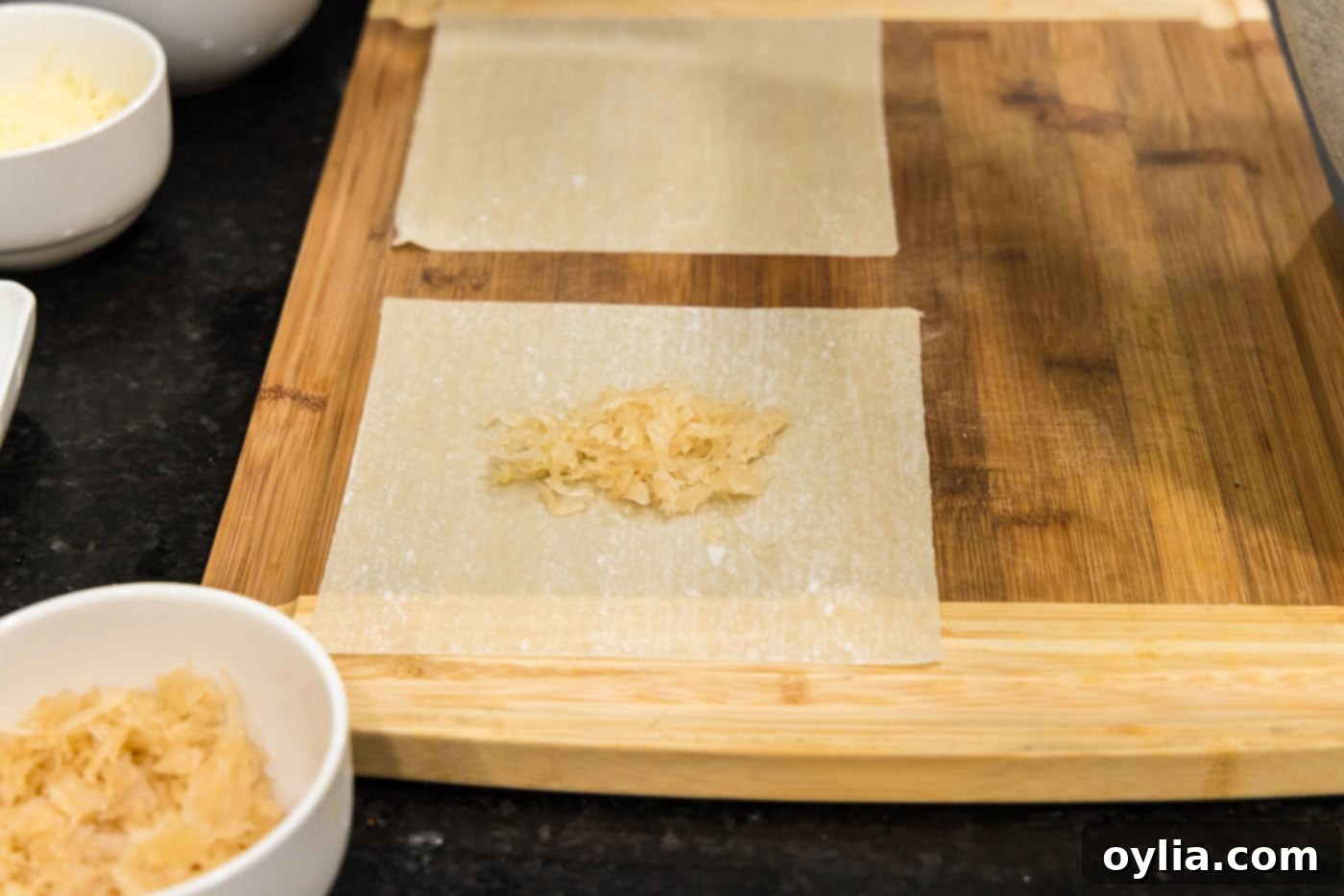 sauerkraut on an egg roll wrapper