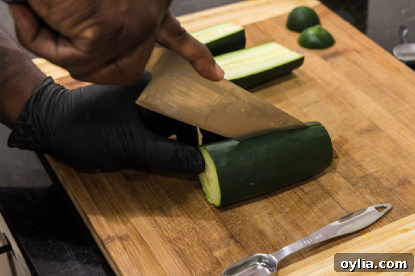 slicing cucumber with a knife