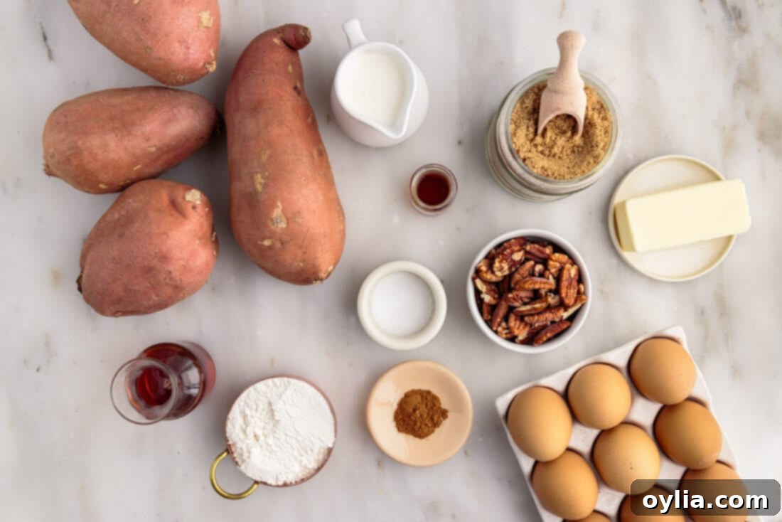 A colorful array of ingredients for Sweet Potato Souffle, including whole sweet potatoes, butter, sugar, and spices.