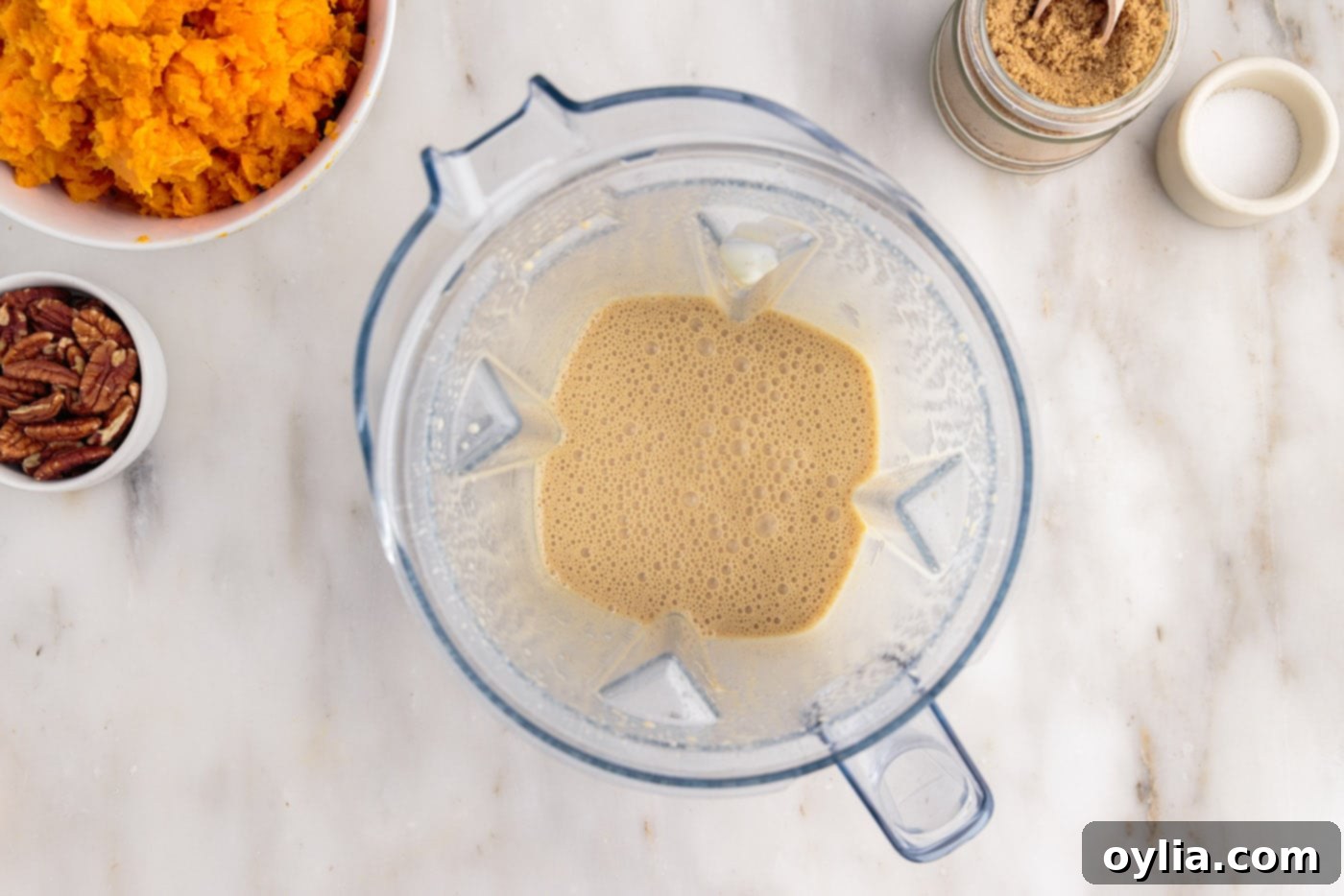 processed ingredients for sweet potato souffle, showing a smooth mixture
