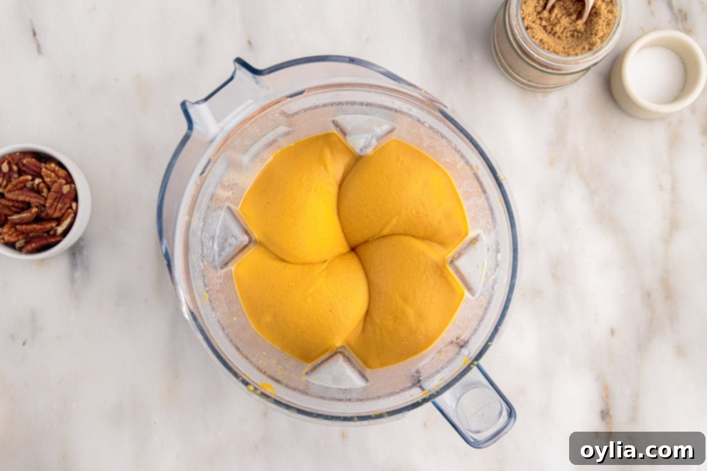 sweet potato souffle filling blended smooth in a food processor