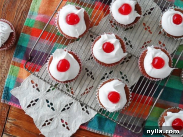 An overhead photo of cherry cupcakes on a cooling rack.