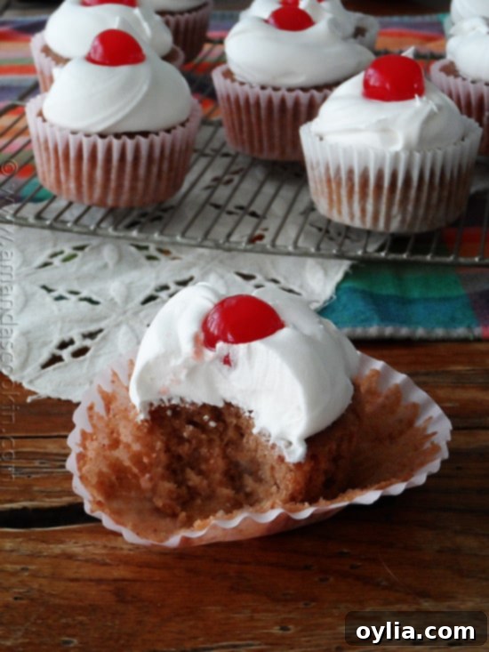 A close up photo of a half eaten cherry cupcake.