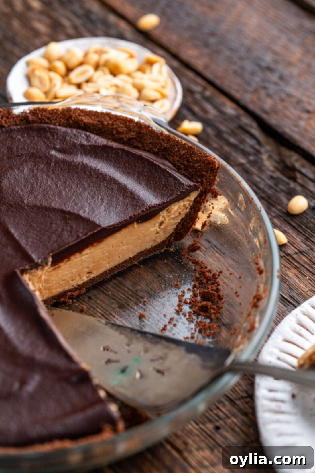 Rich Chocolate Peanut Butter Bliss 16 A stunning Chocolate Peanut Butter Pie with several slices already removed, revealing the perfect layers of crust, peanut butter filling, and ganache, ready for serving.